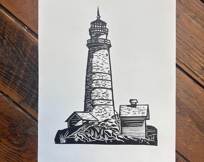 Boston Harbor Lighthouse Handprinted Relief Print