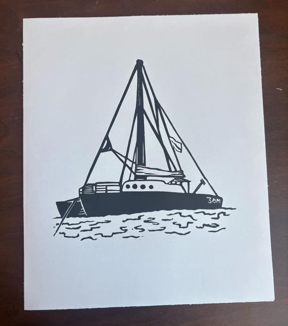 Catamaran Sailboat Nautical Linocut Print Handprinted