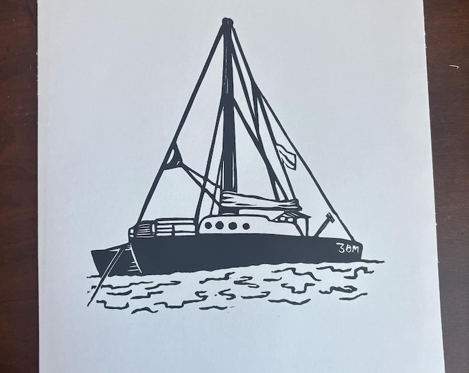 Catamaran Sailboat Nautical Linocut Print Handprinted