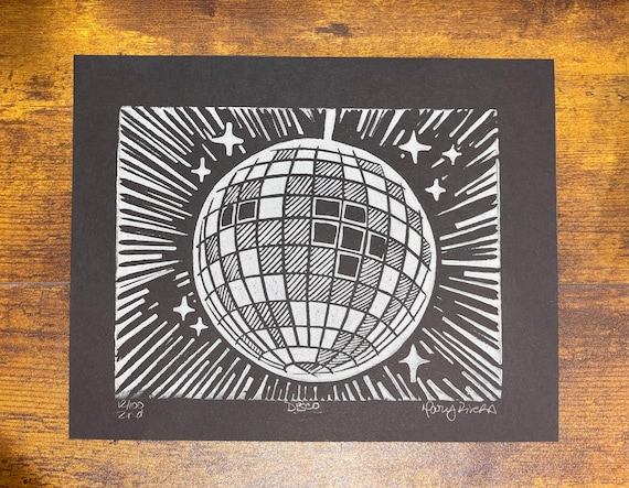 Disco Ball Handprinted Linocut Relief Print