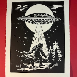 Sasquatch Abduction UFO Cryptid Legend Conspiracy Handprinted Linocut