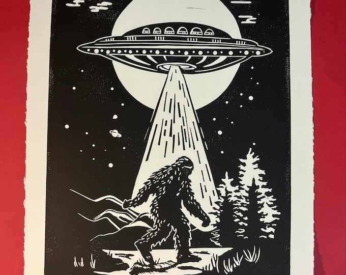 Sasquatch Abduction UFO Cryptid Legend Conspiracy Handprinted Linocut