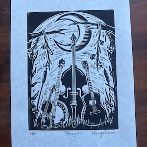 Bluegrass Instruments Guitar Bass Banjo Fiddle Linocut Print Handprinted Relief Print