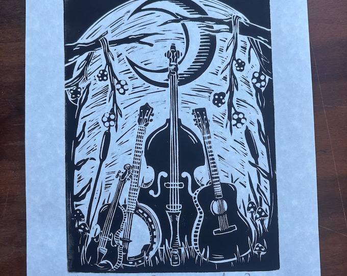 Bluegrass Instruments Guitar Bass Banjo Fiddle Linocut Print Handprinted Relief Print