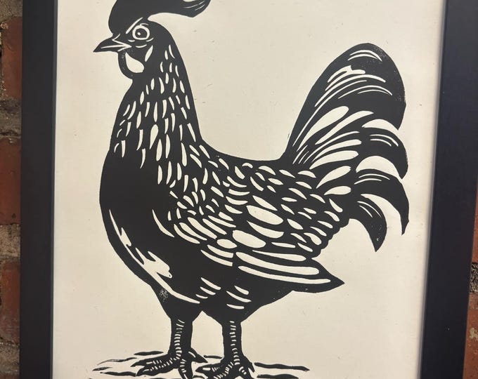 Rooster Farm Farmhouse Handprinted Linocut Relief Print