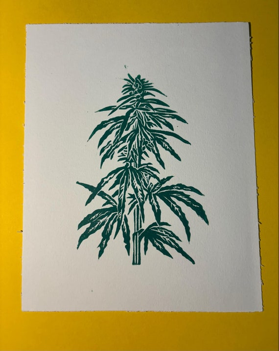 Cannabis Marijuana Weed Plant Botanical Linocut Print Handprinted