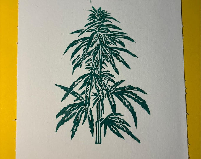 Cannabis Marijuana Weed Plant Botanical Linocut Print Handprinted
