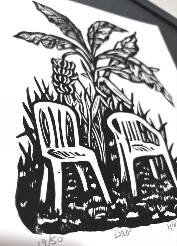 DtMf Plastic Lawn Chair Banana Tree Tropical Botanical Handprinted Linocut