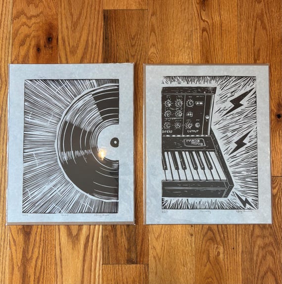 Record + Minimoog Set of 2 Music Handprinted Relief Prints