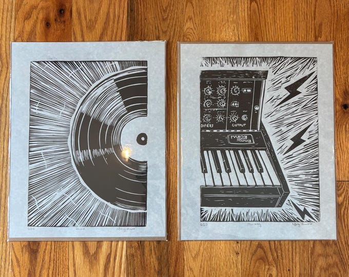 Record + Minimoog Set of 2 Music Handprinted Relief Prints