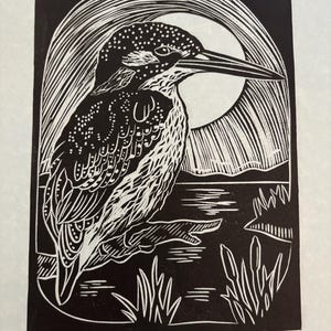 Kingfisher Bird Handprinted Linocut Relief Print