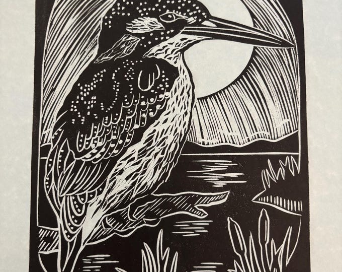 Kingfisher Bird Handprinted Linocut Relief Print