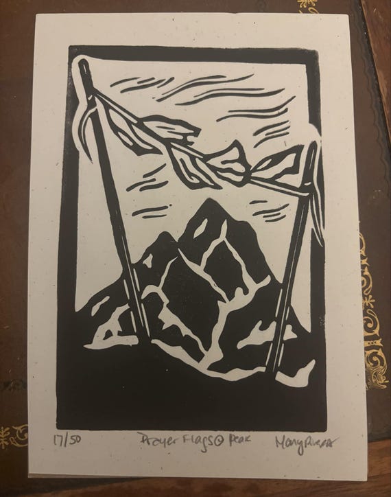 Prayer Flags at Peak Mountain Hiking Climbing Handprinted Linocut