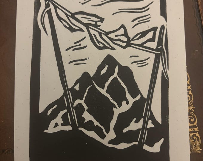 Prayer Flags at Peak Mountain Hiking Climbing Handprinted Linocut