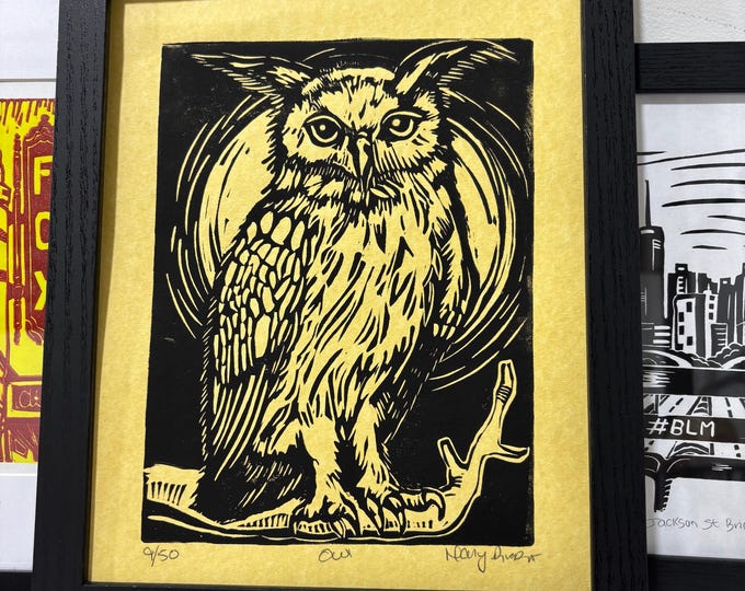 Horned Owl Halloween Spooky Gothic Handprinted Linocut