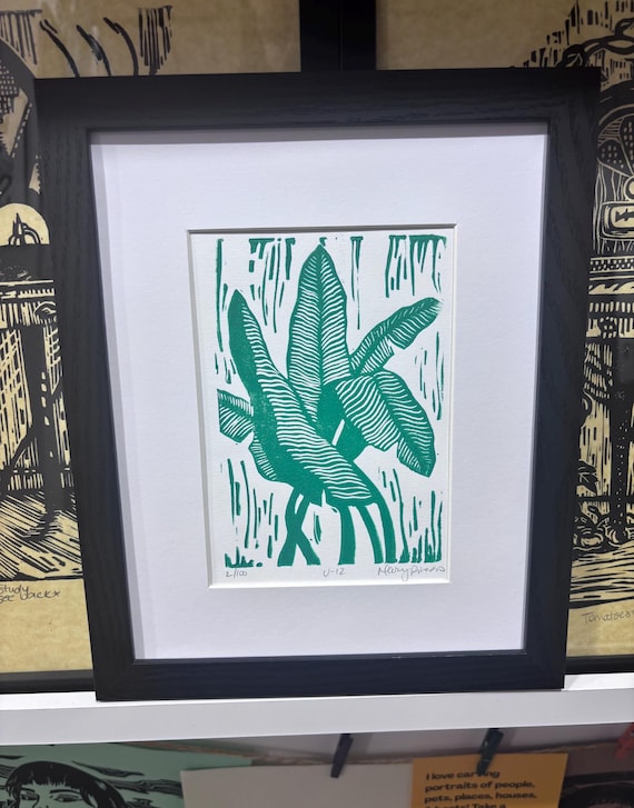 Banana Leaves Tropical Botanical Handprinted Linocut