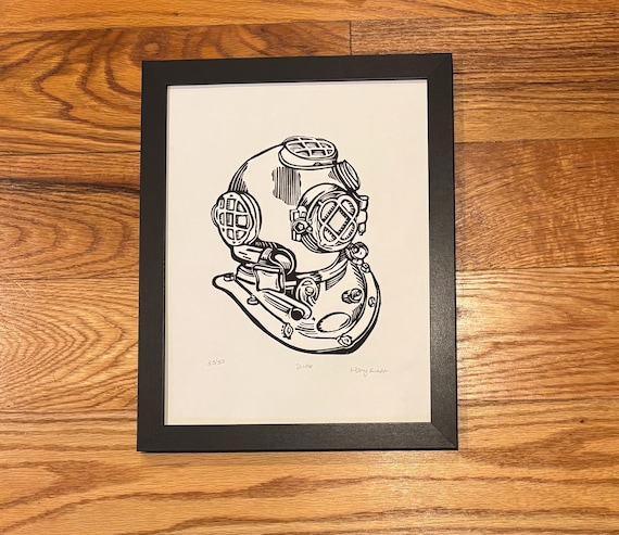 Vintage Sea Diving Helmet SCUBA Nautical Handprinted Linocut Relief Print