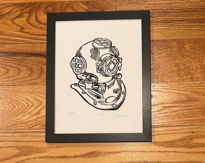 Vintage Sea Diving Helmet SCUBA Nautical Handprinted Linocut Relief Print