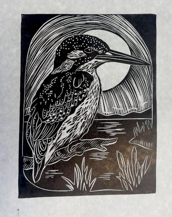 Kingfisher Seabird Bird Waterbird Appalachian Blue Ridge Handprinted Linocut Relief Print