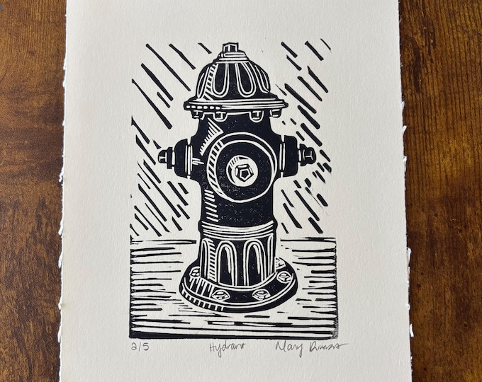 Water / Fire Hydrant Handprinted Linocut Relief Print