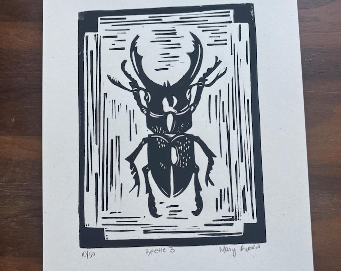 Beetle Insect Handprinted Linocut Relief Print