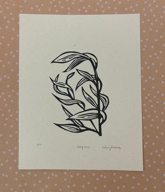 Seagrass Plant Floral Botanical Nature Handprinted Linocut