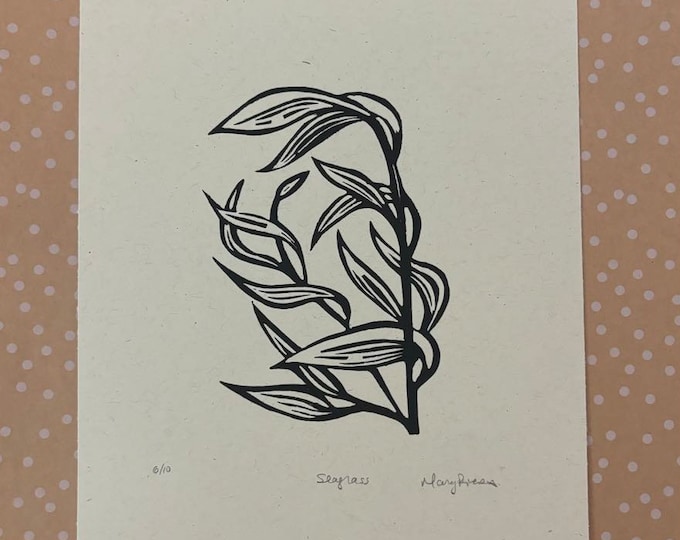Seagrass Plant Floral Botanical Nature Handprinted Linocut
