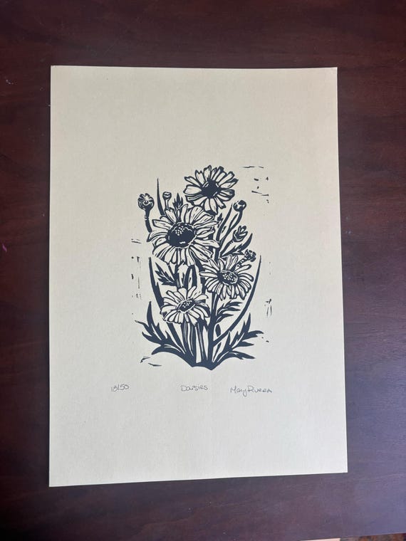 Daisies Floral Flower Botanical Linocut Print Handprinted
