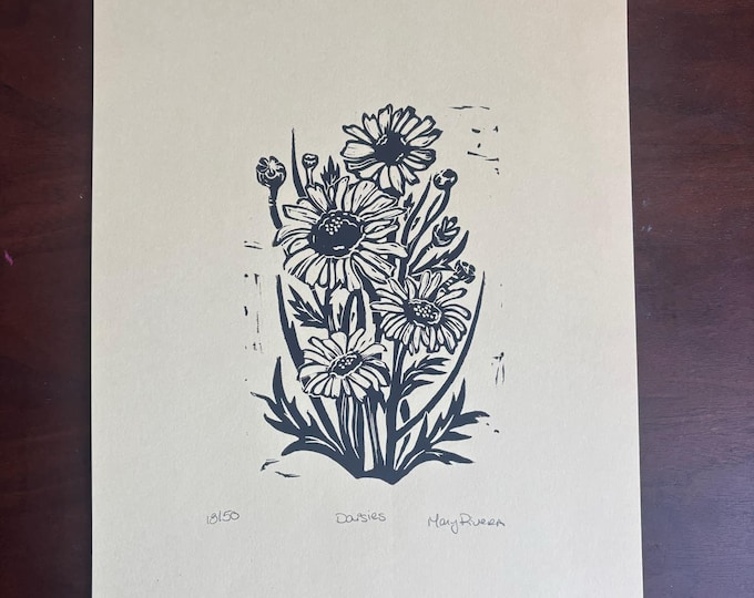 Daisies Floral Flower Botanical Linocut Print Handprinted