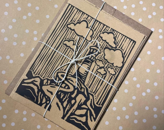 Lighthouse on Cliff Linocut Handprinted Folded Notecards & Envelopes 4 Pack