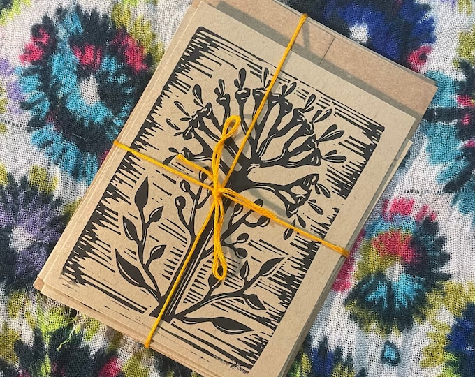 Package of 4 Floral Flower Botanical Linocut Handprinted Blank Notecards + Envelopes