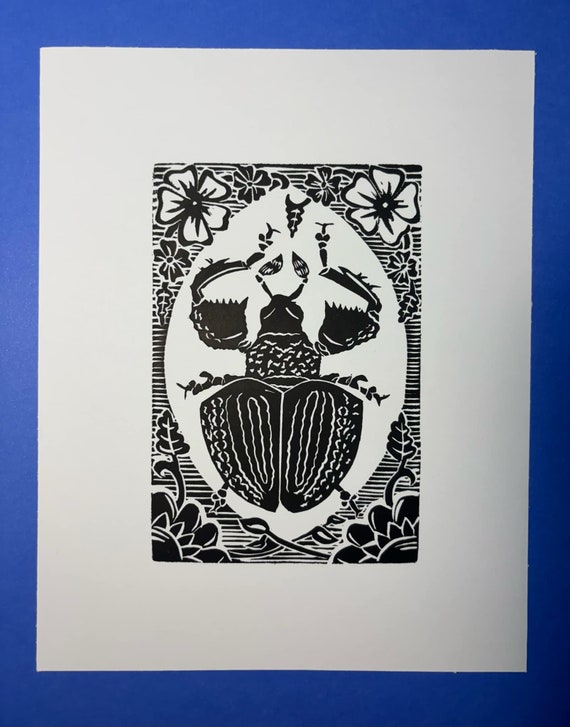 Beetle with Flowers 1 Handprinted Linocut