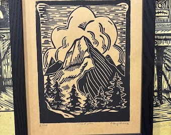 Cloud Mountain Forest Handprinted Linocut