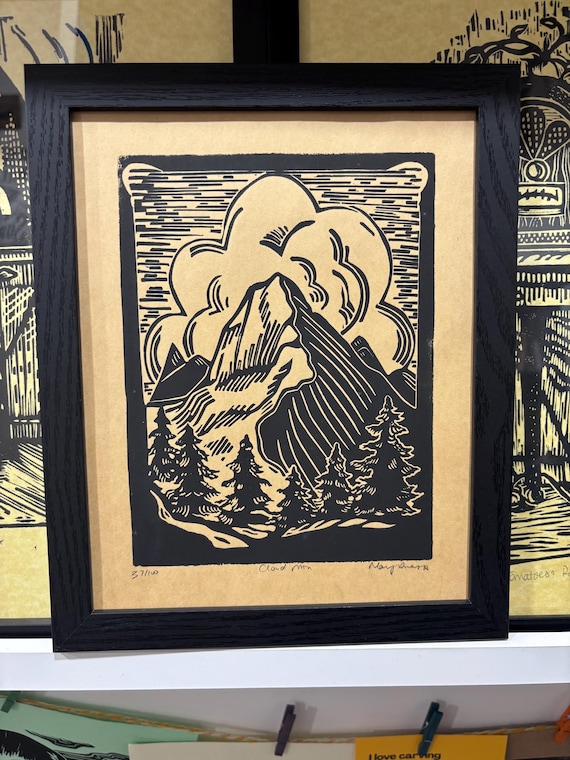 Cloud Mountain Forest Handprinted Linocut