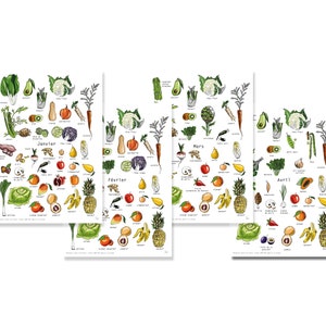 Geïllustreerde kalender gedrukt op 200Gr wit papier, formaat 21x29,7cm voor wanddecoratie, seizoensfruit en groenten
