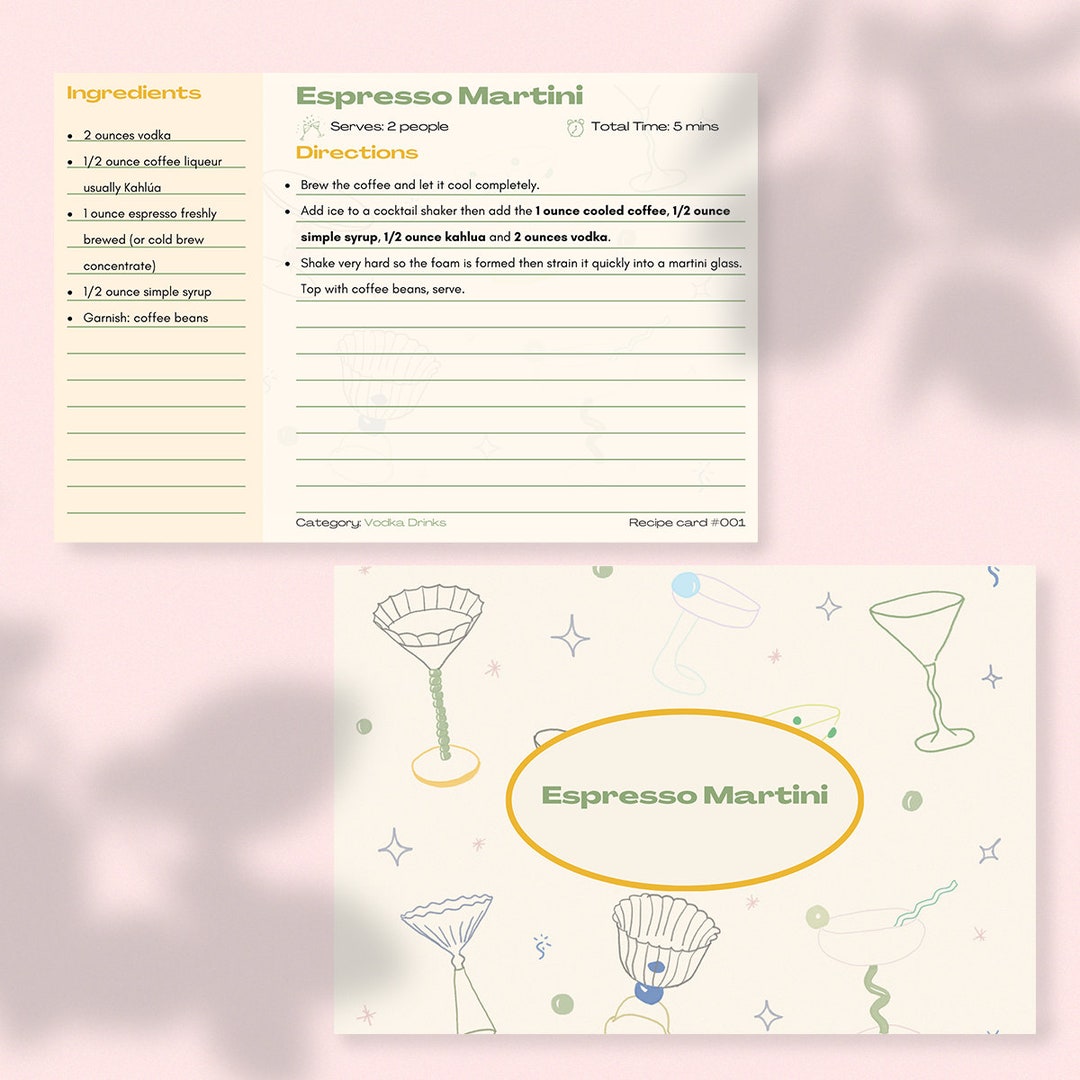 Customizable - Drink/cocktail Recipe Card Template | Printable Recipe ...