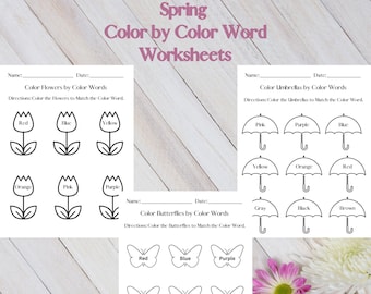 Spring Worksheets, Spring Activities, Color by Color Word, Printable Worksheets, Downloadable Worksheets, Spring Coloring, Kindergarten