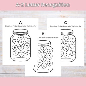 Reconocimiento de letras A-Z, Hoja de trabajo preescolar, Hoja de trabajo de jardín de infantes, Hoja de trabajo del día de San Valentín, Actividad del día de San Valentín, Imprimible, Cartas