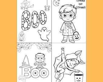 Può includere: Pagine da colorare di Halloween in bianco e nero con varie illustrazioni spettrali. Include immagini di una strega, fantasma, ragno e le parole "Boo" e "Trick or Treat". Perfetto per le attività dei bambini.
