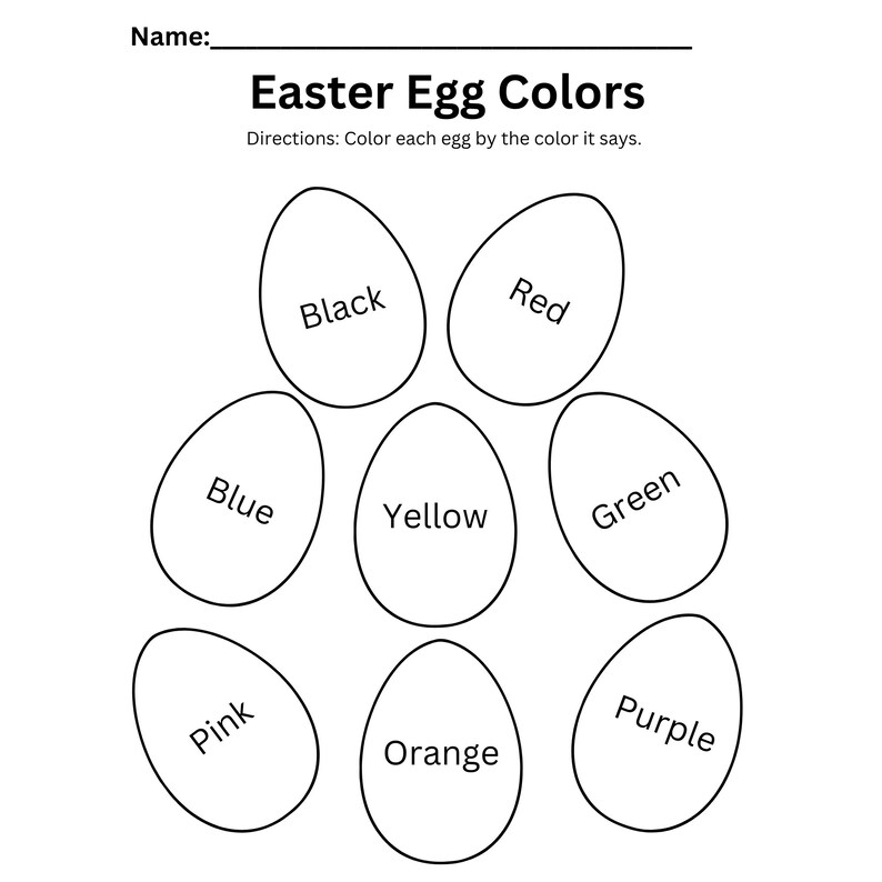 May include: A printable worksheet with a black and white outline of seven Easter eggs. Each egg has a different color word written inside: red, black, blue, yellow, green, pink, and orange.