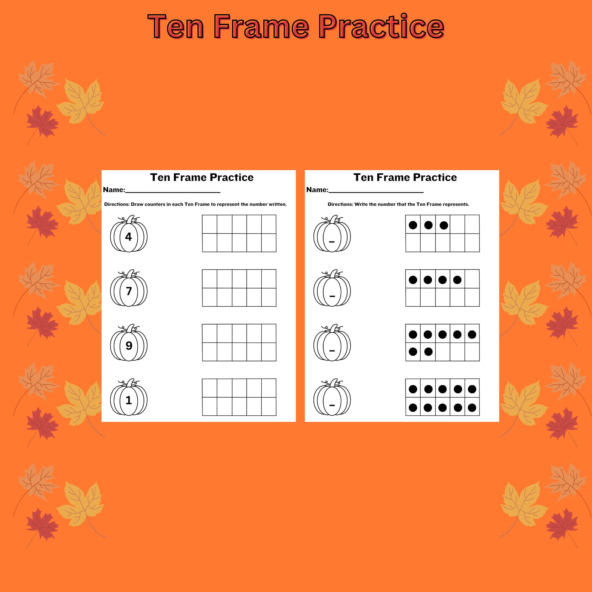 Fall Activity, Math Worksheets, Ten Frame Practice, Kindergarten ...