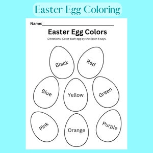 May include: Black and white printable worksheet with the words "Easter Egg Coloring" and "Easter Egg Colors". The worksheet has a set of seven egg shapes with the words "Black", "Red", "Blue", "Yellow", "Green", "Pink", "Orange", and "Purple" written inside each egg.