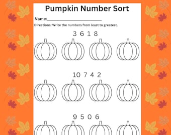 Fiche d'exercice de tri de nombres sur le thème des citrouilles, activité mathématique d'automne (téléchargement numérique)