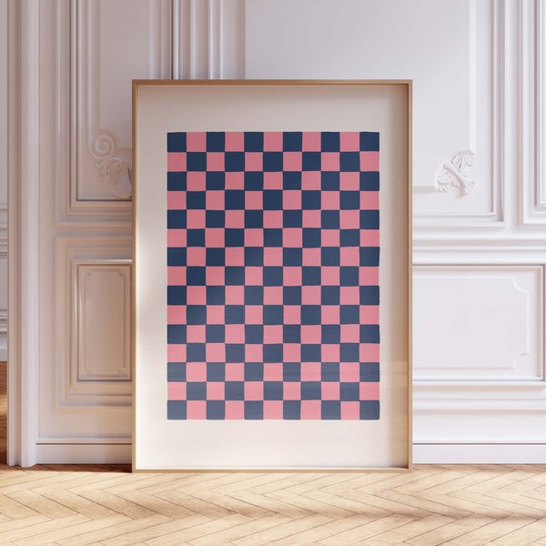 Pink and Navy Checkered Print, Colorful Wall Art, Trendy Printable, Pink Checks Art, Cute Blue and Pink Art, Gender Reveal Printable Decor