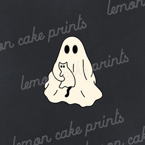 May include: A white ghost with a black cat in its arms on a black background.