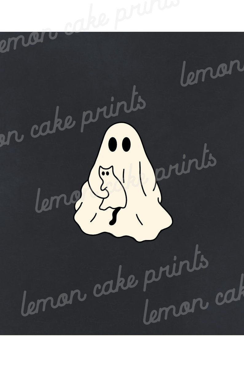 May include: A white ghost with a black cat in its arms on a black background.