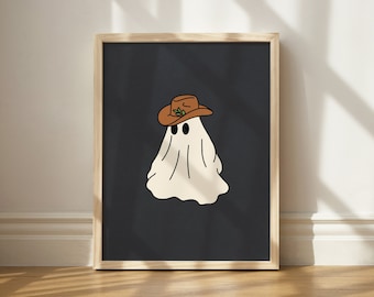Cowboy Hat Ghost Print, Quirky Wall Decor, Halloween Aesthetic Art, Printable Ghost Art, Weird Wall Art, Trendy Ghost Art, Ghost Lover Art