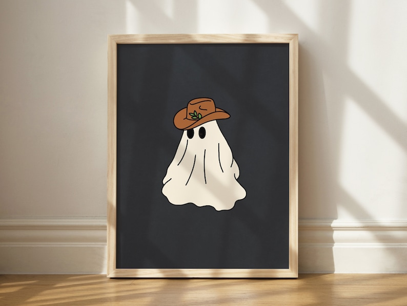 Cowboy Hat Ghost Print, Quirky Wall Decor, Halloween Aesthetic Art, Printable Ghost Art, Weird Wall Art, Trendy Ghost Art, Ghost Lover Art image 1