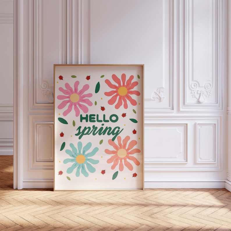 Hello Spring Printing Hello Spring Print, Floral Wall Art, Spring Cleaning Art, Cute ...