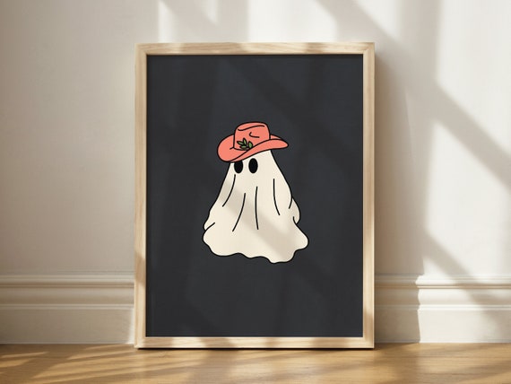 Cowboy Ghost Print, Halloween Ghost Art, Printable Ghost Art, Coral Cowboy Hat Ghost, Fall Decor, Quirky Wall Art, Printable Weird Art